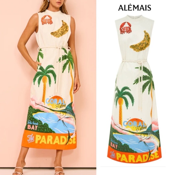 Alemais Alémais SAMAKI MIDI DRESS US 8 Beaded rope belt pocket tropical vacation - Picture 1 of 14